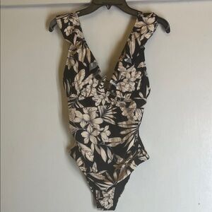 Source Unknown Black and Cream Floral One Piece